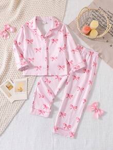 SHEIN Bộ đồ ngủ tay dài họa tiết nơ hồng dễ thương cho bé gái - Hồng - Xem 8