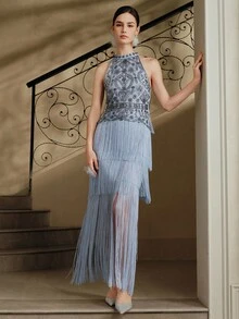 Anewsta 女士高端性感流苏露背奢华优雅鸡尾酒会礼服