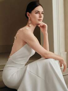 Anewsta 性感细肩带珍珠链露背美人鱼下摆连衣裙，海滩度假风格 - 白色 - 查看 7