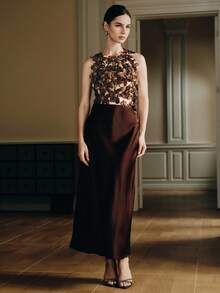 Anewsta Áo ba lỗ không tay họa tiết hoa 3D màu nâu mới dành cho nữ - màu nâu - Xem 2