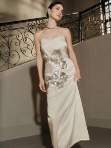 Anewsta 女士时尚性感细肩带露背铆钉串珠优雅派对连衣裙 - 白色 - 查看 3