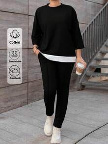 EURMUSE Ensemble Top et pantalon à col rond color block en coton grande taille pour femmes - Noir - Voir 1