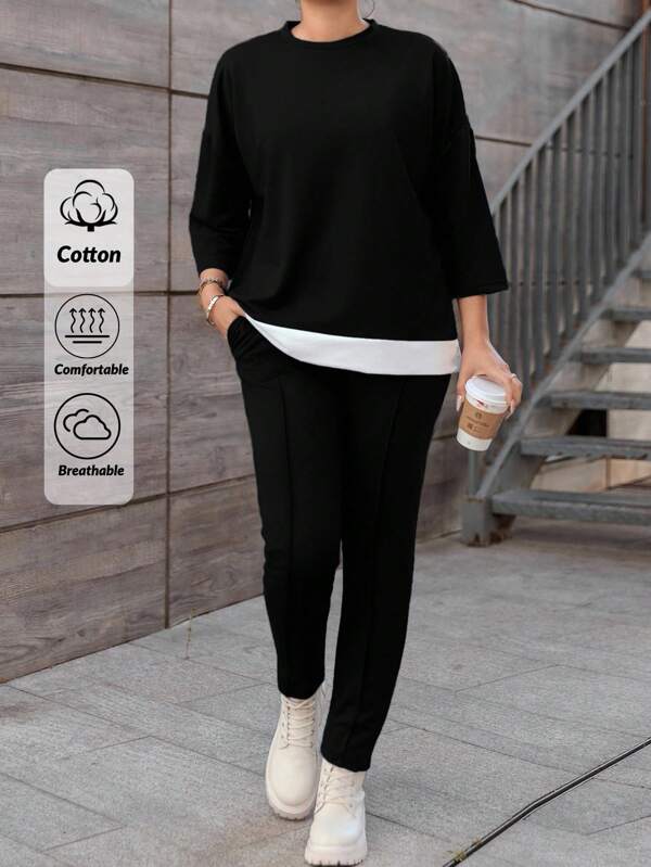 EURMUSE Cotton Plus Size Women's Color Block Round Neck Top And Pants Set