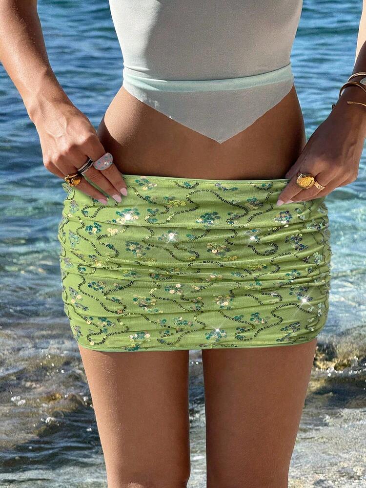 Sweetina Sexy Glitter Party Bodycon Mini Skirt, Blue - Green - View 2