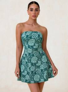 Glamine Gramin 女装粉色浪漫编织纹理立体花朵纹理露肩露背大蝴蝶结装饰可拆卸迷你抹胸A字下摆吊带连衣裙情人节爱情/恋人浪漫度假约会浪漫花朵面料