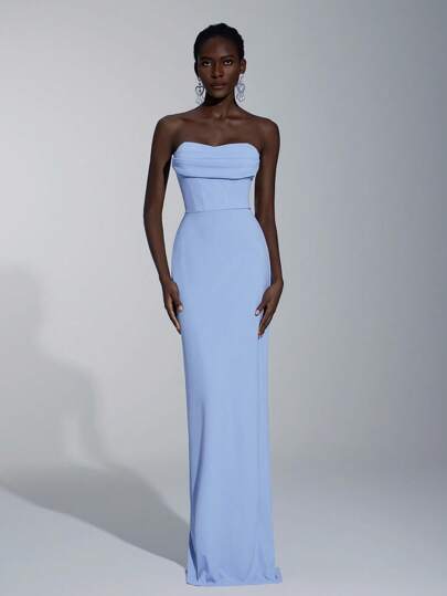 Elitara Elegant Minimalist Slit Neckline Fitted Maxi Dress With Open Back Slit For Bridesmaids