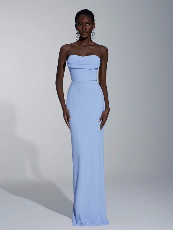 Elitara Elegant Minimalist Slit Neckline Fitted Maxi Dress With Open Back Slit For Bridesmaids