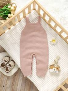 SHEIN 时尚粉色婴儿毛衣连体衣，带荷叶边装饰吊带裤，女童甜美背带裤 - 粉色 - 查看 4