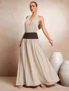 L'Amorae VÁY MAXI CỔ HỌA TIẾT EO CHO NỮ, THẮT LƯNG VỀ SAU, CỔ HỌA TIẾP THEO VÒNG EO TƯƠNG PHẢN - trắng - Xem 1