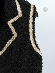 Franclia Chaqueta elegante sin mangas de solapa con ribete de cinta para mujer - Negro - Ver 4