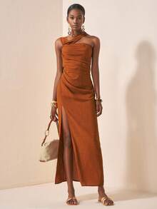 Zivah 2025 夏秋新款优雅纯色锈棕色不对称肩带褶裥开衩女式长裙，度假，日常，外出，通勤，派对，旅行，约会，毕业装，婚礼宾客装，节日-A - 鏽棕色 - 查看 5