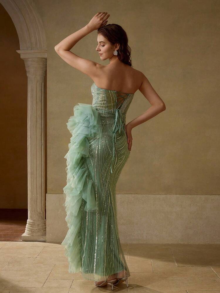 MOTF Soiréza Vestido de noche largo hasta el suelo con espalda descubierta y tirantes, con Body de malla bordada y bajo con volantes de tul - Vestido formal de primavera/verano color verde menta para eventos de gala