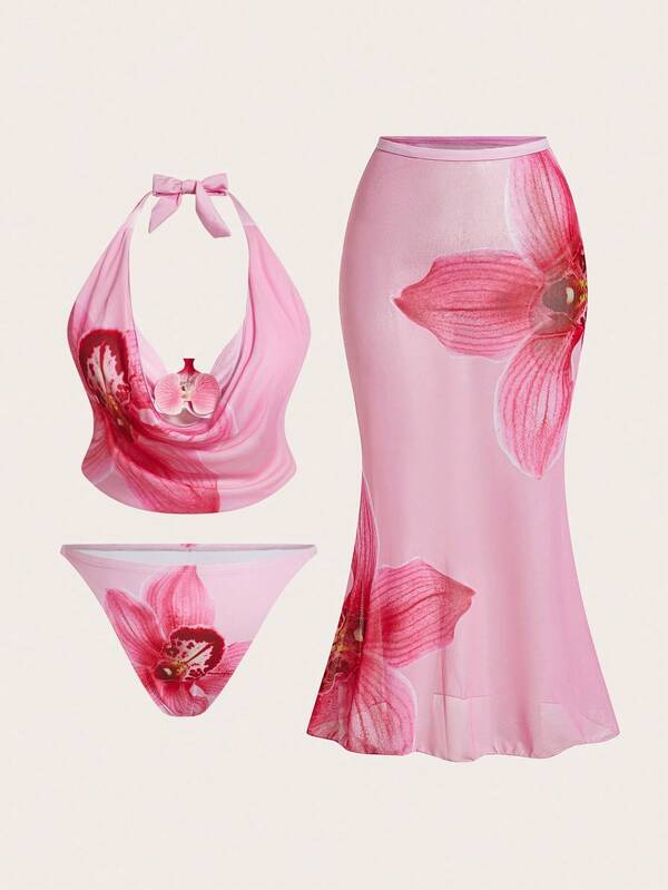  3pcs Swim Oasis Women's Vacation Floral Swimsuit, Fashionable Sexy Deep V-Neck Spaghetti Strap Bikini Top And Mini Skirt Plus Size Set