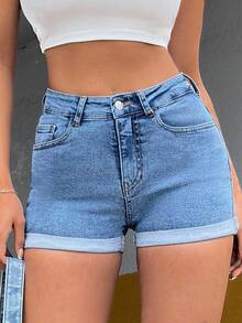 RueChic 98%Cotton Elastic Low Waist Folded Hem Detailed Shorts - Medium Wash - View 4