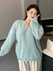 Dazy Plus 水钻装饰纯色宽松 V 领套头毛衣，大码女式休闲春秋季 - 淺藍色 - 查看 4