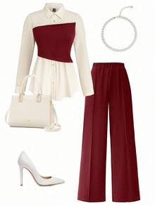Rometta Conjunto casual de 2 piezas de talla grande para mujer con blusa de manga larga de color contrastante y pantalón de pierna ancha - Burdeos - Ver 1