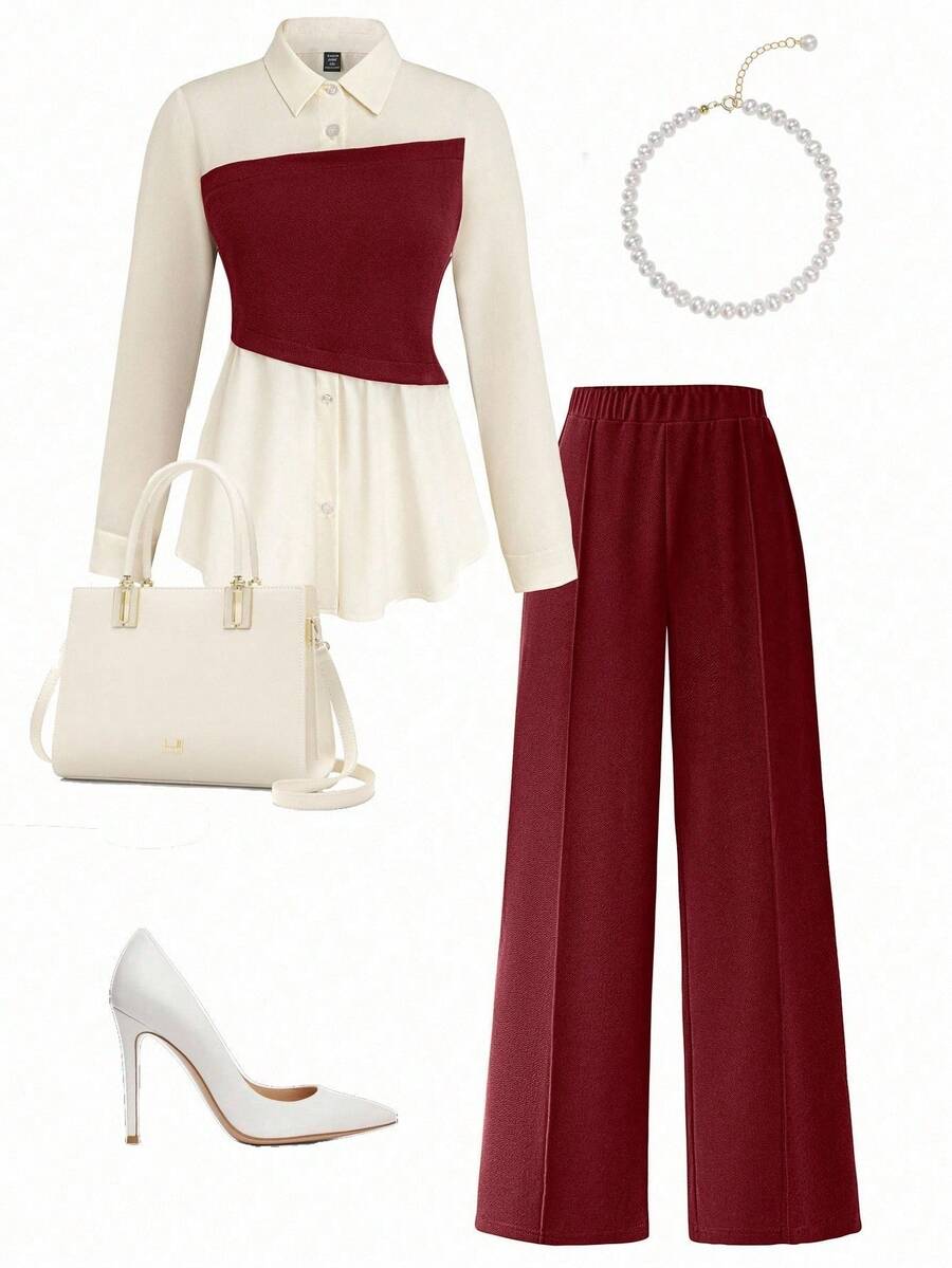 Rometta Conjunto casual de 2 piezas de talla grande para mujer con blusa de manga larga de color contrastante y pantalón de pierna ancha - Burdeos - Ver 1
