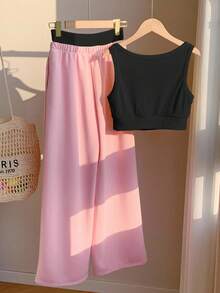 Comfortcana 2 pezzi/Set Top a canotta da donna con stampa a lettere e pantaloni a blocchi di colore a contrasto, crema giallo, completo per vacanze estive - nero - Visualizzare 3