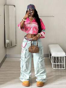 Coolane Áo thun nữ cỡ lớn mùa hè dáng rộng, thoáng khí, chất liệu lưới, họa tiết số, kiểu áo bóng chày, màu hồng, áo thun in hình, phong cách thường ngày, áo đi chơi, áo đi nghỉ mát. - Hồng - Xem 2