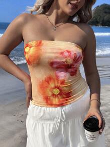 SHEIN EZwear 女士休闲简约度假热带花卉印花橙色抹胸短款上衣，适合夏季 - 白色 - 查看 8