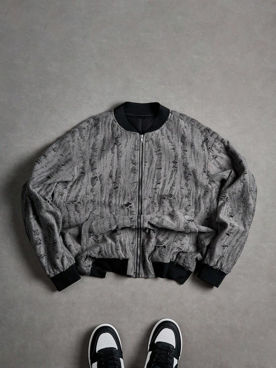 Manfinity Roghcode Men's Vintage Washed Distressed Jacket , Y2k Distressed Jacket , Streetwear, Men Crop Jacket, Fall - Grey - View 1