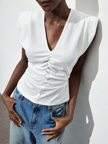 Maija Áo hai dây cổ chữ V có đệm vai dành cho nữ, phù hợp mặc khi đi làm, đi làm và mặc thường ngày - trắng - Xem 2