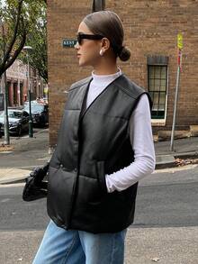 DAZY Women's Padded Vest Jacket, New Fashion Loose V-Neck Solid Color Casual Street Side Pocket Thickened Waistcoat Winter Leather Jacket - Black - View 2