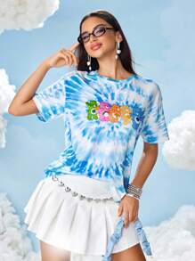 SHEIN X Care Bears 女士休闲扎染熊印花圆领短袖T恤，夏季 - 藍色 - 查看 7