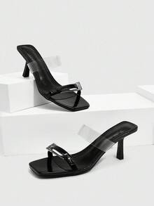 CUCCOO SZL Women's Metallic Buckle Square Toe Fashion High Heel Sandals - Black - View 2