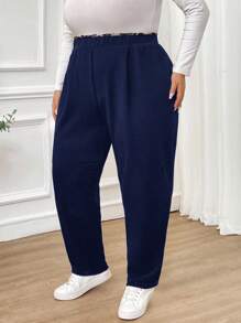 SHEIN CURVE+ Plus Size Women's Autumn And Winter Fashion Casual Comfortable Leopard Print Stitching Elastic Waist Pocket Black Pants,Women Bottom,Fall Women Clothes,Work Pants,Teacher Clothes,Curv Pants,Office Wear,Business Casual Women - Navy Blue - View 4