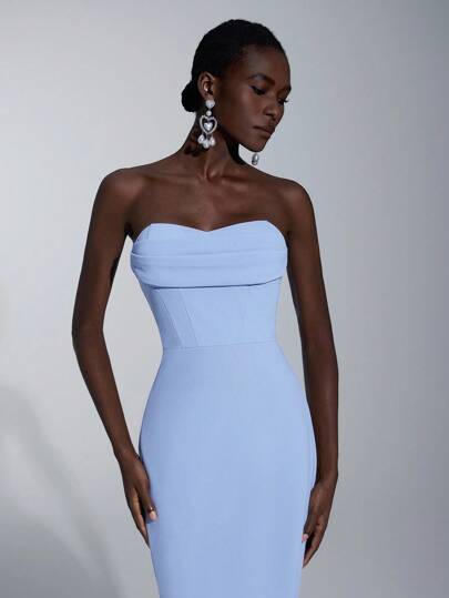 Elitara Elegant Minimalist Slit Neckline Fitted Maxi Dress With Open Back Slit For Bridesmaids