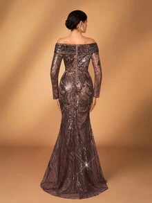Serin 优雅奢华珍珠亮片花卉露肩透视长袖美人鱼连衣裙，适合婚礼、派对、度假、庆典、新娘送礼会、新娘母亲礼服 - 咖啡棕 - 查看 3