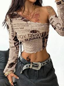 Coolane 女士秋季/四季皆宜的西部风情节日服装，报纸图案弹力不对称领口长袖露脐上衣，西部风情露脐上衣，透视款 - 杏色 - 查看 4