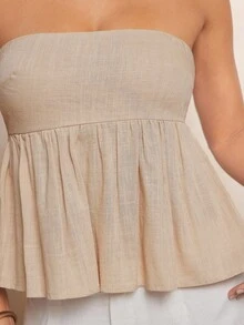 L'Amorae Women's Linen Strapless Top With Peplum - Apricot - View 3