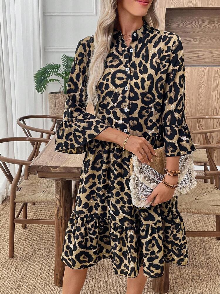 Women's Rainbow Leopard Print Flare Sleeve Button Half Placket Ruffle Hem Mid-Length Dress,Autumn Casual Brunch Animal Cheetah Midi Fall Clothes