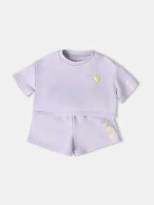 SUMWON Ensemble coordonné fille bébé avec amour de soi, t-shirt à manches courtes et Sweat-shirt oversize avec short assorti, imprimé cœurs, tenue d'été et de printemps - Prune - Voir 2