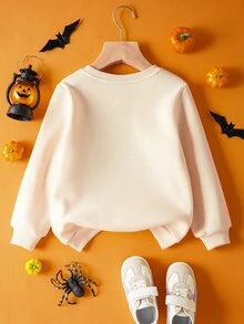 GARFIELD | SHEIN Young Girls' Khaki Sweatshirt With Cartoon Cat And Pumpkin Candy Patterns, Suitable For Autumn, Winter And Halloween - Khaki - View 2