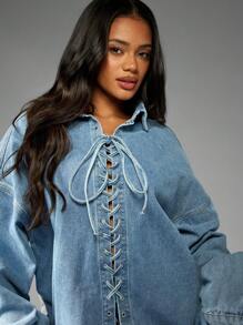 MISSGUIDED Oversized Denim Shirt With Lace Up Front Detail Western Style Button Down Collar Long Sleeve Fall Winter Fashion Statement Piece Distressed Light Wash - White - View 4