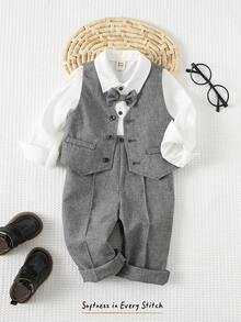 Cozy Pixies Bộ trang phục quý ông thu đông 3 món cho bé trai, bao gồm áo khoác vest xám, quần có quai rời có cạp chun và áo sơ mi dài tay màu trắng có nơ - Nhiều màu - Xem 3