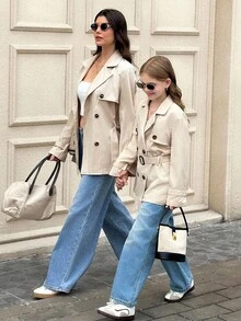 SHEIN Mädchen Tweens einfarbiger Khaki Doppelreiher Kragen locker sitzende Windjacke mit geraffter Taille, knielanger Trenchcoat, geeignet für den Lässig Alltag, lässigen Militärstil, Streetwear - Khaki - Übersicht 4