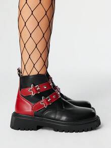 ROMWE Grunge Punk Women Punk Style Ankle Boots, Colorblock Round Toe Chunky Platform 5cm Heel, Metallic Studs, Double Hook And Loop Strap, PU Leather, Daily & Casual - Black - View 4