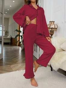 SHEIN Women's Elegant Dark Red Pajama Set,Long Sleeve Frill Trim Lapel Neck Single-Breasted Top And Pants 2 Piece Lounge Set For Autumn,Fall Winter Clothes - Burgundy - View 6
