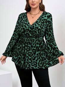SHEIN Clasi Plus Size Leopard Print V-Neck Long Sleeve Fitted Shirt