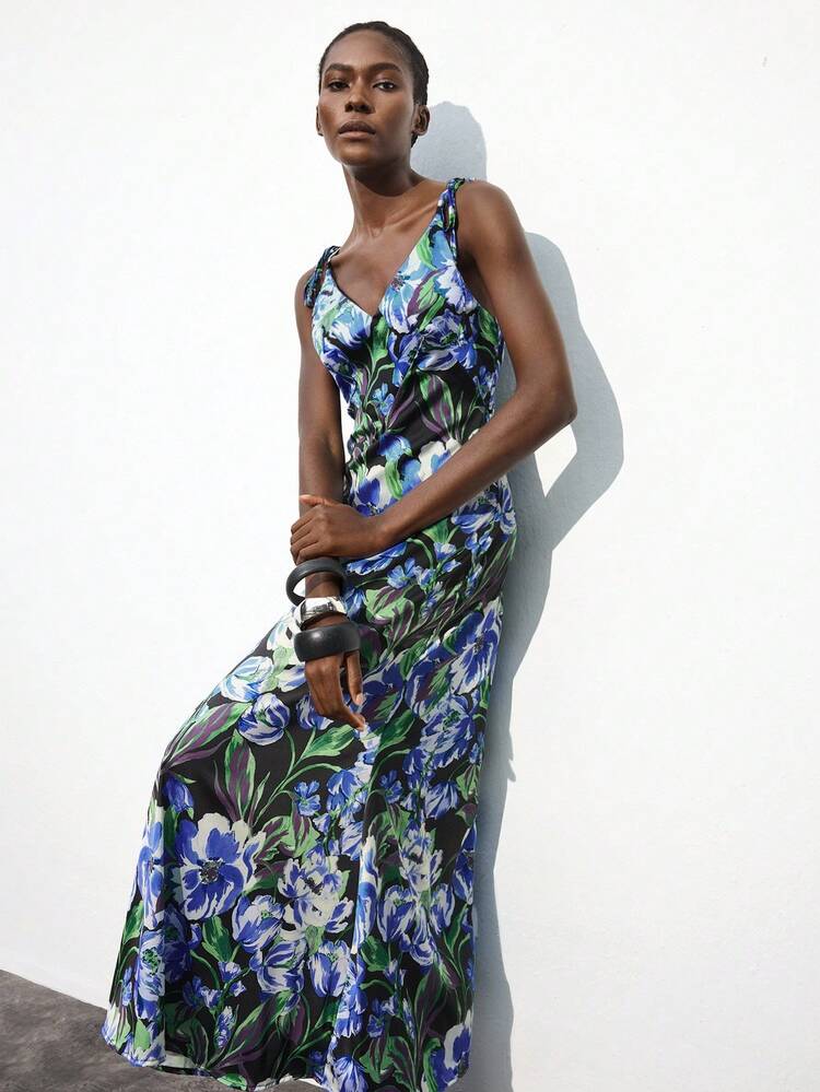 SHEIN Maija Women's U-Neck Strap Tie Waist Elegant Floral Print Satin Maxi Dress, Casual Vacation Dress Suitable For Commuting, Business, Office, Teacher, Halloween, Christmas Party, Beach Resort  Elegant Dresses For Party  Elegant Dresses For Women Elegant Dresses For Party  Beach Outfits For Women