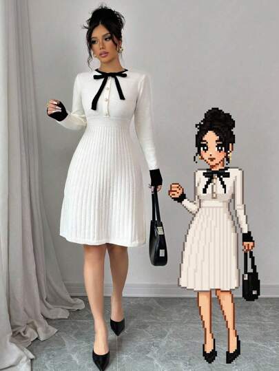 Selianne 1pc High Waist Apricot Colorblock Knitted Long Sleeve Dress With Black Bowknot , Round Neck, Autumn/Winter Fall Cloth For Women