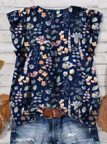 EMERY ROSE Floral Pattern Women's Blue Casual Shirt, Suitable For Summer Chic Blouses For Women