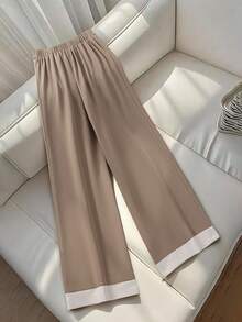 GlowEve 女士优雅日常通勤百搭时尚摩卡棕色阔腿裤，撞色下摆设计 - 摩卡棕 - 查看 2