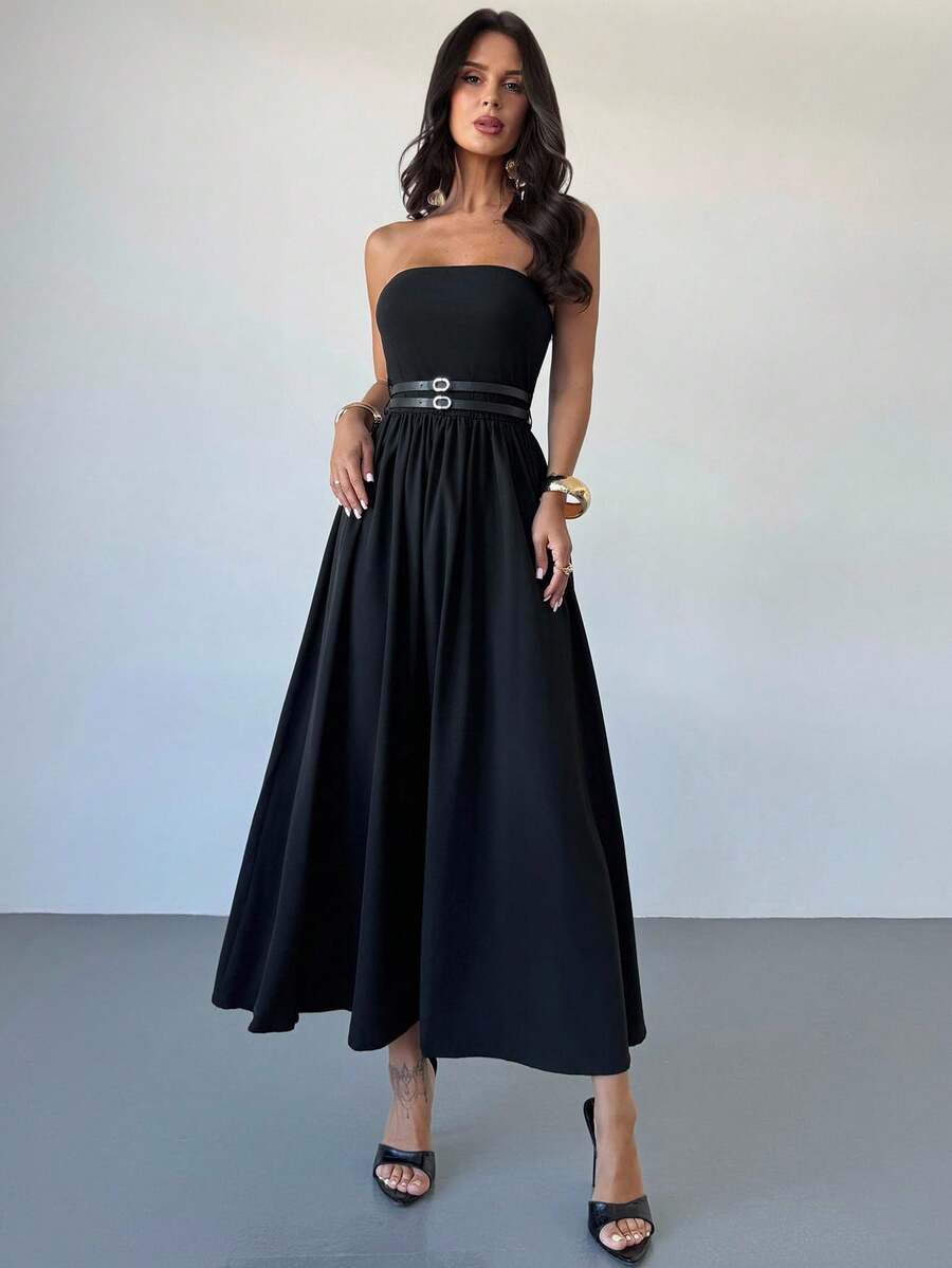 Firerie Women's Casual Versatile Daily Commute Vacation Street Fashion Double Waistband Tube Top A-Line Midi Dress, Black - Black - View 1