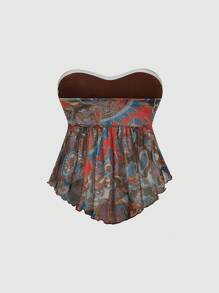 Sweetra Vintage French Milleraie Printed Ruched Waist Mesh Summer Blouse, Unique Design Chic Sexy Top For Women - Multicolor - View 2