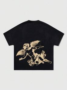 ROMWE MEN Goth Áo thun nam tay ngắn in họa tiết cánh dơi, thích hợp mặc hàng ngày vào mùa xuân/hè, Halloween, phong cách thập niên 2000 - màu đen - Xem 2